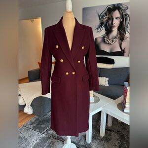 Zara Double-Breasted Burgundy Wool Coat with Gold Buttons